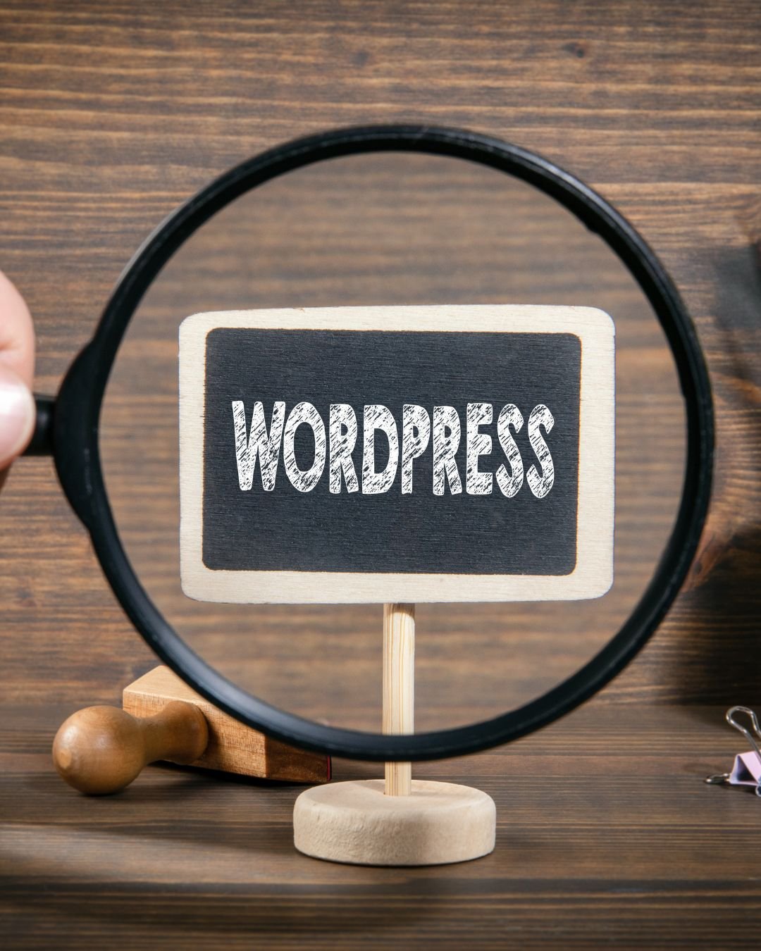 Magnifying glass highlighting the word "WordPress" on a small chalkboard sign, placed on a wooden desk background.