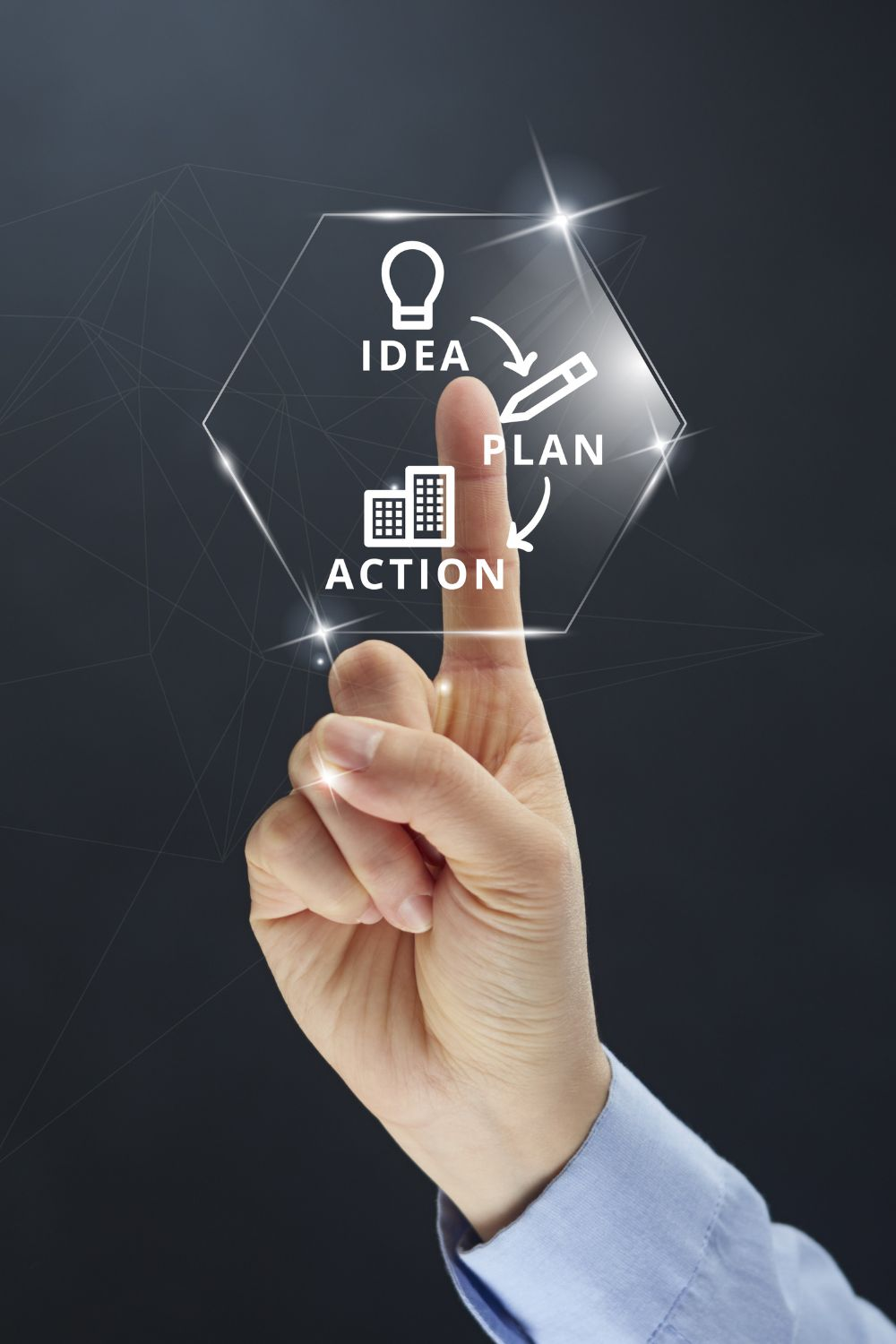 Hand pointing to a digital diagram showing idea, plan, and action process.
