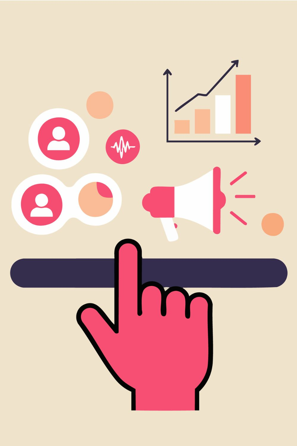 Illustration of social media marketing with growth chart, megaphone, and user icons.