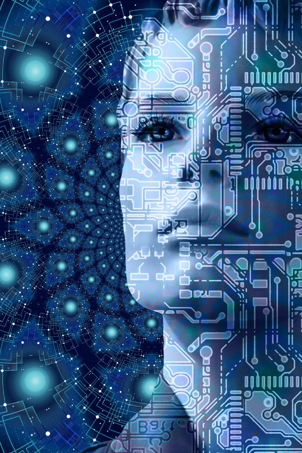 Futuristic digital face with circuit patterns and glowing lights, symbolizing artificial intelligence and the future of social media.