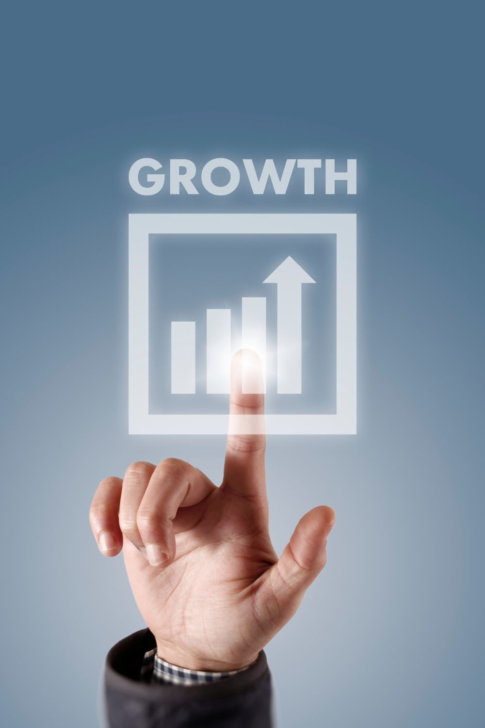 Hand pointing at a digital chart representing how fast small businesses grow with steady upward growth.