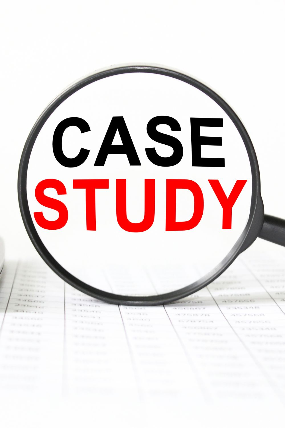 Magnifying glass focusing on the words Case Study written in bold black and red letters over a data sheet.