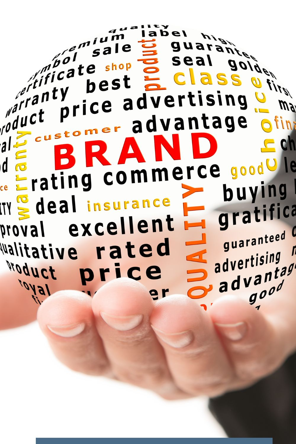 Hand holding a sphere filled with branding-related words like quality, product, advertising, and customer, symbolizing brand identity and marketing strategy.