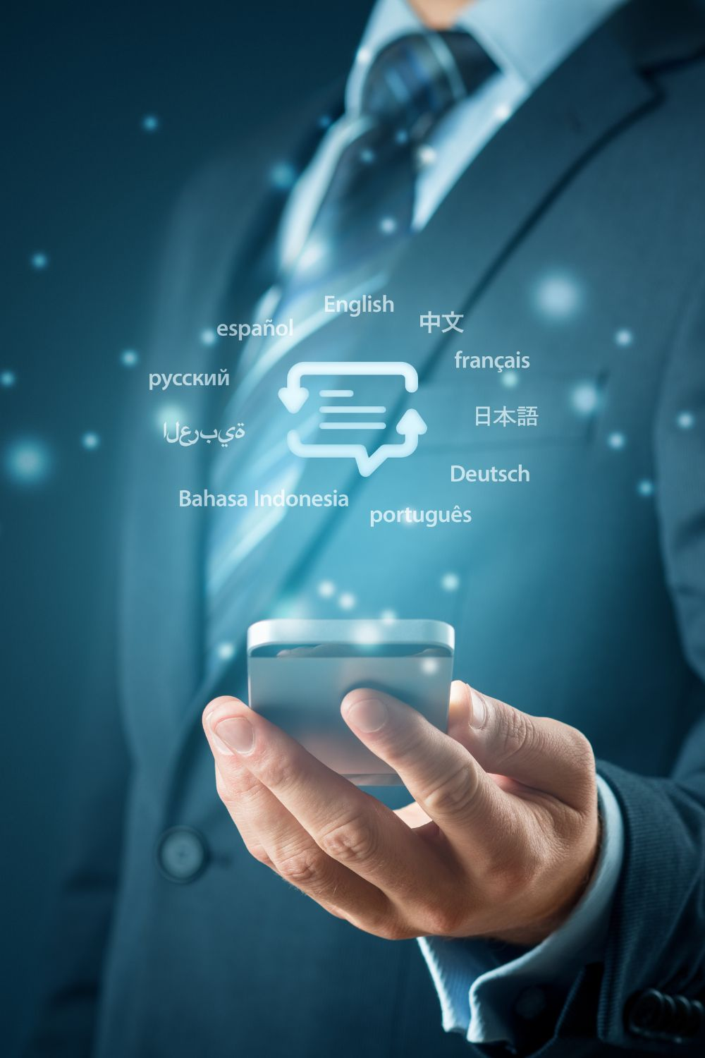 Business professional using mobile apps with multiple language options, symbolizing global social media platforms 2025