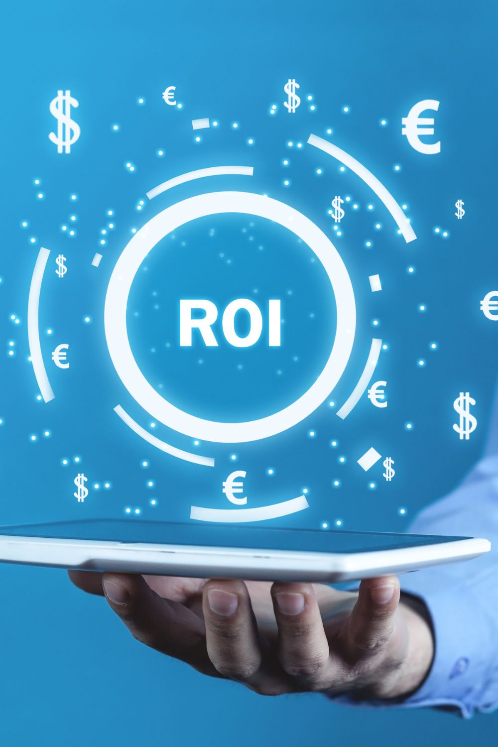 Digital ROI concept showing financial symbols around a tablet representing return on investment in social media marketing